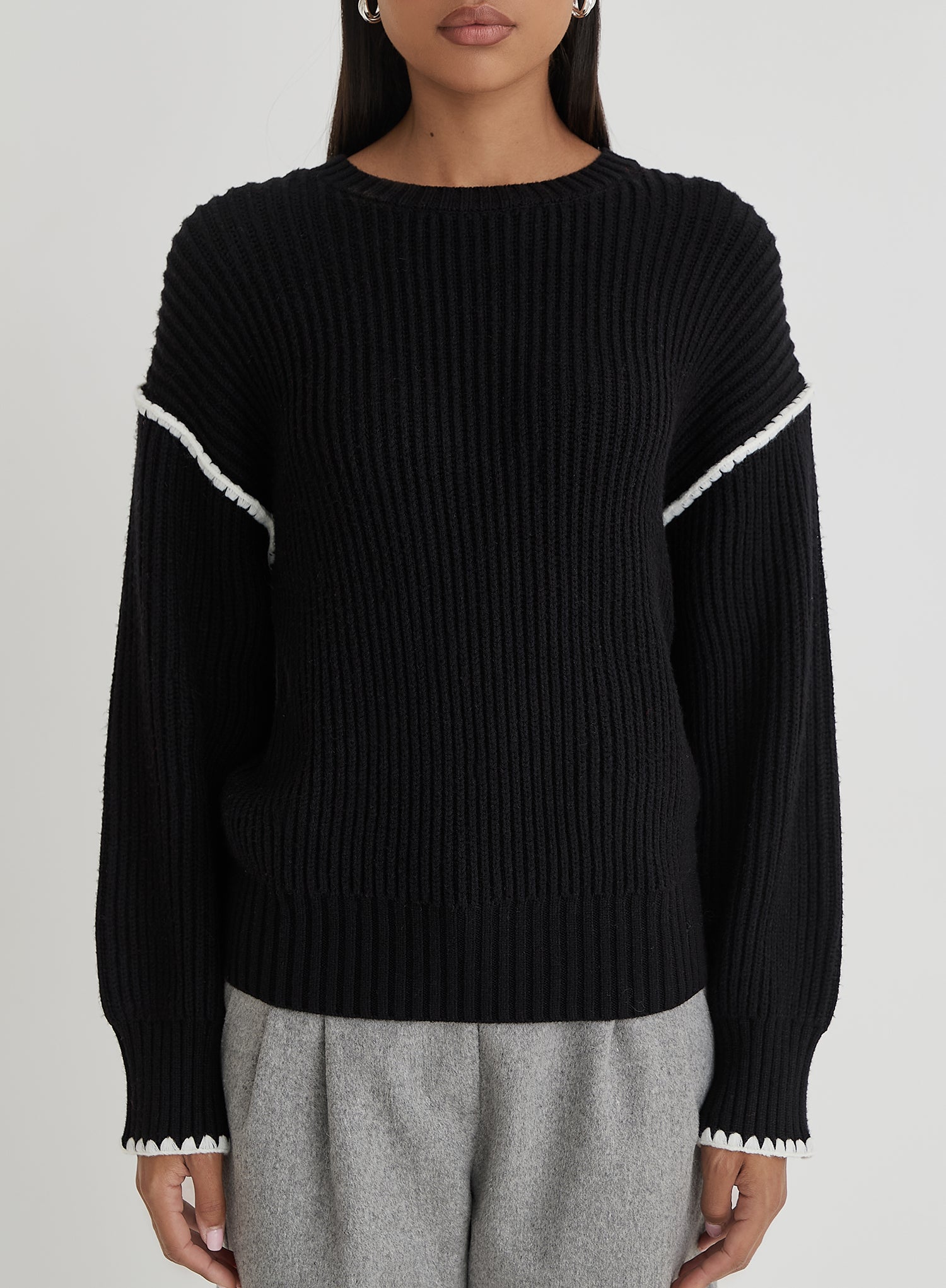 Black Contrast Stitching Knit Jumper